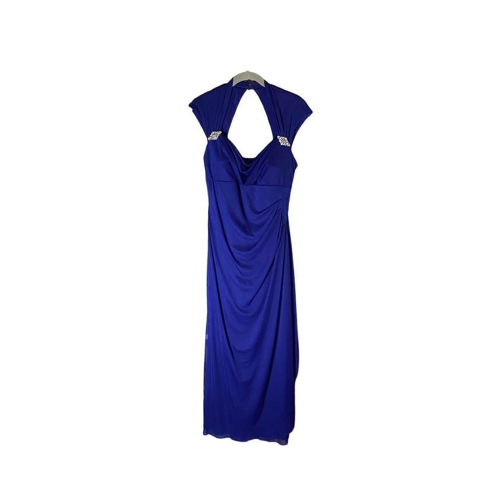 Xscape women’s royal blue side rauched chiffon, overlay gown, size 6 ￼
